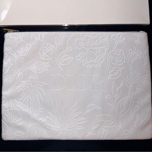 Dior White Etched Floral Velvet Pouch with Gold Sealed Zipper. New in Box GWP